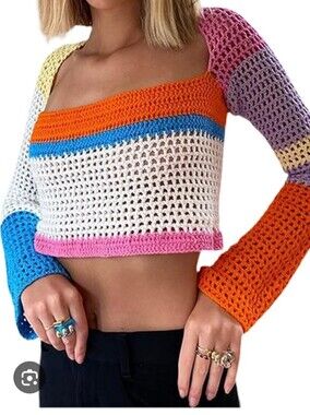 Crochet Knit Square Top Long Sleeve Flare  Crop Sweater Wonen SzS Y2k Beach